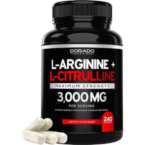 L Arginine L Citrulline Supplement 3000mg (240 Capsules) Nitric Oxide Pills for Men - Stamina, Endurance, Performance for Workouts - NO Supplements for Men - Gluten Free, Non-GMO, Vegan Capsules