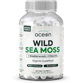 Wild Sea Moss Capsules - 100% Organic Irish Sea Moss with Organic Chlorella, Bladderwrack and Vitamin D for Energy, Lung Health and Thyroid Support for Women and Men - 60 Capsules