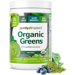 مزيج عصير مسحوق أخضر عضوي مستوحى بحتة، بدون نكهة (24 حصة) - البروبيوتيك لصحة الجهاز الهضمي مع سبيرولينا وكلوريلا لصحة الأمعاء - نباتي وخالي من الغلوتين in Kuwait