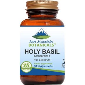 Pure Mountain Botanicals Holy Basil Capsules - Kosher Vegan Caps with 450mg Organic Holy Basil Tulsi & Holy Basil Extract from India