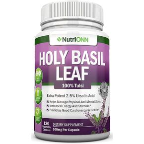 Holy Basil Leaf Capsules - 500mg - 2.5% Ursolic Acid - 120 Vegan Capsules - Real Tulsi Extract Supplement - Positive Mindset - Adaptogenic & Ayurvedic Herb