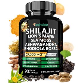 Pure Himalayan Shilajit for Men & Women. Sea Moss Shilajit Ashwagandha Rhodiola Rosea Panax Ginseng Turmeric Lion’s Mane Ginkgo Biloba Cordyceps. 11-in-1 27’505 mg/Serv. Capsules