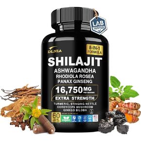 8-In-1 Shilajit Pure Himalayan Organic Supplement 9000MG with Rhodiola Rosea 1000MG, Ashwagandha 2000MG, Ginseng, Gingko Biloba, Turmeric, Cordyceps Mushroom, Stinging Nettle for Full Body Power