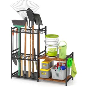 Garage Tool Organizer with 2-tier Wooden Shelves, Yard Tool Organizer for Garage with 6 Hooks, Heavy duty Steel Garden Tool Rack Holds up to 35 Long Handled Yard tools for Storage, Black
