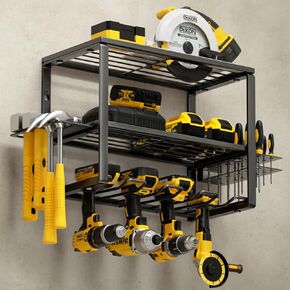 Heavy Duty Power Tool Organizer Wall Mount, Cordless Drill Hanger Storage Rack, Battery Tools Holder with Charging Station Shelf for Garage Organization, Workshop, Pegboard, Shed - 24 Inch 6 Slots