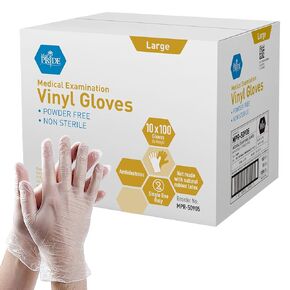 MED PRIDE Medical Vinyl Examination Gloves (Large, 100-Count) Latex & Rubber Free, Ultra-Strong, Clear Disposable Powder-Free Gloves for Healthcare & Food Handling Use