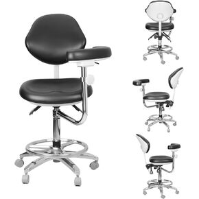 Multi Function Adjustable Dental Assistant Stool with Armrest Rack Rolling Cover PU Leather Foot Controlled