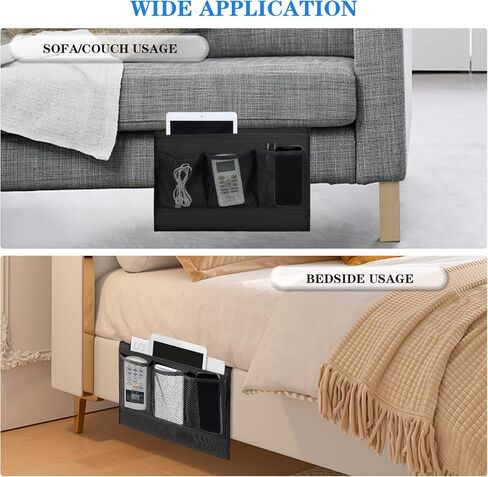 Bedside Caddy, Bedside Storage Organizer Pocket, Couch Caddy Table Organizer Under Mattress for Remote Control, Magazine, Tablet, Phone (Black) in Saudi Arabia