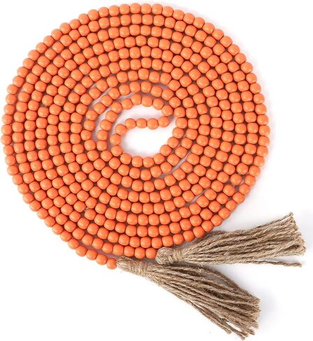 CVHOMEDECO. 16 Feet Wood Beads Garland with Tassels Farmhouse Rustic Wooden Decorative Bead String Wall Hanging Accent for Home Festival Decor. Orange in Kuwait