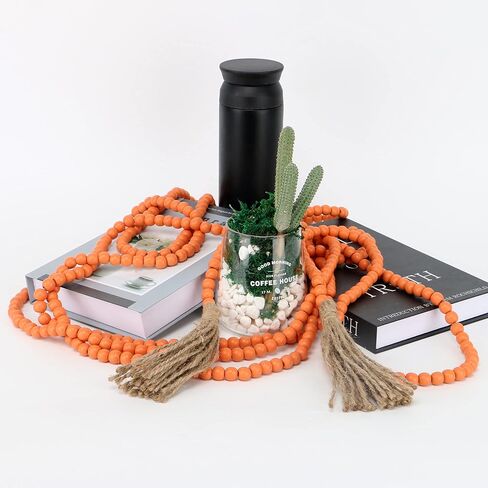 CVHOMEDECO. 16 Feet Wood Beads Garland with Tassels Farmhouse Rustic Wooden Decorative Bead String Wall Hanging Accent for Home Festival Decor. Orange in Kuwait