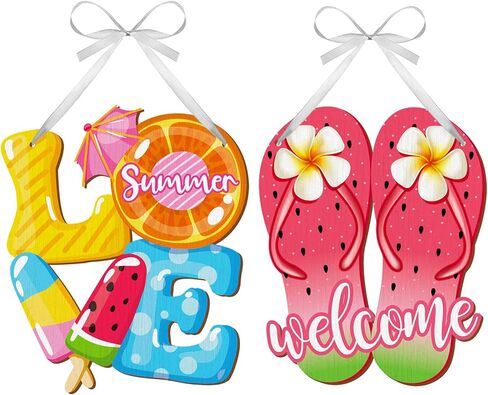 2 Pieces Ice Cream Sandbeach Hanging Sign Happy Summer Wood Sign Sweet Summer Wood Ornaments Summer Welcome Sign Door Wood Hanging Sign for Summer Holiday Party Home Door Wall Window Decor (Ice Cream) in Saudi Arabia