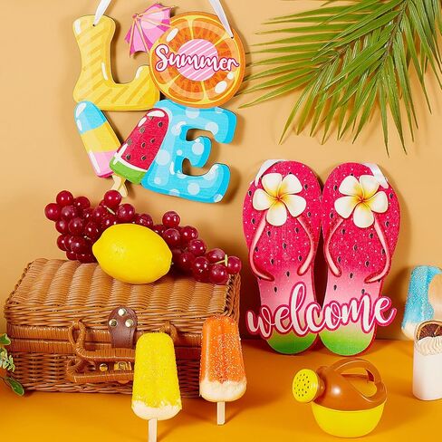 2 Pieces Ice Cream Sandbeach Hanging Sign Happy Summer Wood Sign Sweet Summer Wood Ornaments Summer Welcome Sign Door Wood Hanging Sign for Summer Holiday Party Home Door Wall Window Decor (Ice Cream) in Saudi Arabia