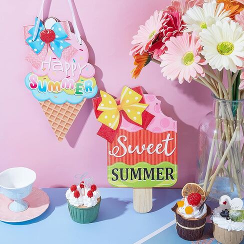 2 Pieces Ice Cream Sandbeach Hanging Sign Happy Summer Wood Sign Sweet Summer Wood Ornaments Summer Welcome Sign Door Wood Hanging Sign for Summer Holiday Party Home Door Wall Window Decor (Ice Cream) in Saudi Arabia