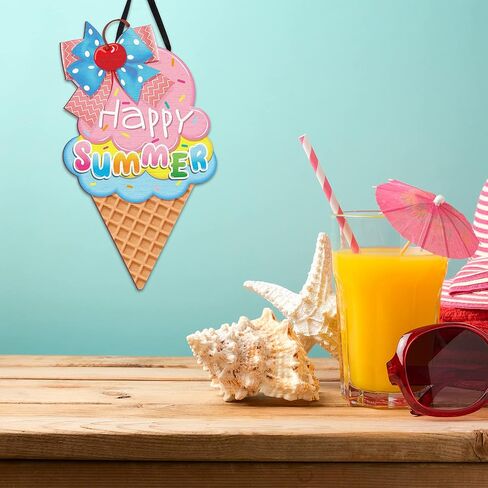 2 Pieces Ice Cream Sandbeach Hanging Sign Happy Summer Wood Sign Sweet Summer Wood Ornaments Summer Welcome Sign Door Wood Hanging Sign for Summer Holiday Party Home Door Wall Window Decor (Ice Cream) in Saudi Arabia