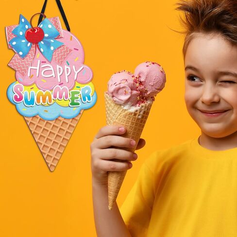 2 Pieces Ice Cream Sandbeach Hanging Sign Happy Summer Wood Sign Sweet Summer Wood Ornaments Summer Welcome Sign Door Wood Hanging Sign for Summer Holiday Party Home Door Wall Window Decor (Ice Cream) in Saudi Arabia