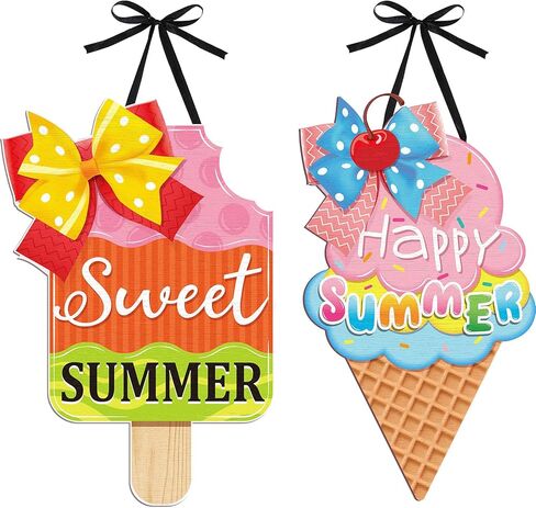 2 Pieces Ice Cream Sandbeach Hanging Sign Happy Summer Wood Sign Sweet Summer Wood Ornaments Summer Welcome Sign Door Wood Hanging Sign for Summer Holiday Party Home Door Wall Window Decor (Ice Cream) in Saudi Arabia