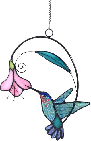 lolitarcrafts الزجاج الملون نافذة الطائر الطنان معلقة مع الزهور، الطيور الزجاج الملون suncatcher لتزيين النوافذ هدايا الطائر الطنان للأم، عشاق الطيور (الأزرق مع زهرة أ) in Kuwait