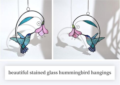 lolitarcrafts الزجاج الملون نافذة الطائر الطنان معلقة مع الزهور، الطيور الزجاج الملون suncatcher لتزيين النوافذ هدايا الطائر الطنان للأم، عشاق الطيور (الأزرق مع زهرة أ) in Kuwait