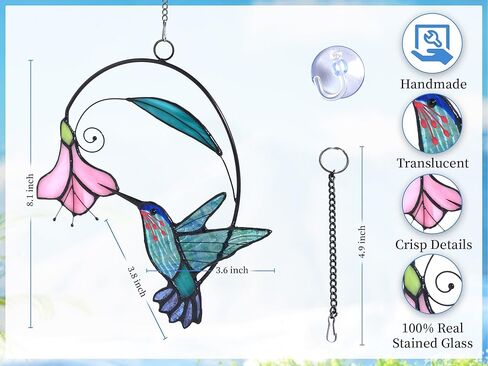 lolitarcrafts الزجاج الملون نافذة الطائر الطنان معلقة مع الزهور، الطيور الزجاج الملون suncatcher لتزيين النوافذ هدايا الطائر الطنان للأم، عشاق الطيور (الأزرق مع زهرة أ) in Kuwait