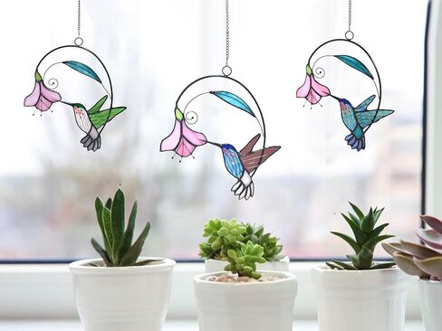 lolitarcrafts الزجاج الملون نافذة الطائر الطنان معلقة مع الزهور، الطيور الزجاج الملون suncatcher لتزيين النوافذ هدايا الطائر الطنان للأم، عشاق الطيور (الأزرق مع زهرة أ) in Kuwait