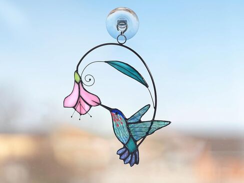 lolitarcrafts الزجاج الملون نافذة الطائر الطنان معلقة مع الزهور، الطيور الزجاج الملون suncatcher لتزيين النوافذ هدايا الطائر الطنان للأم، عشاق الطيور (الأزرق مع زهرة أ) in Kuwait