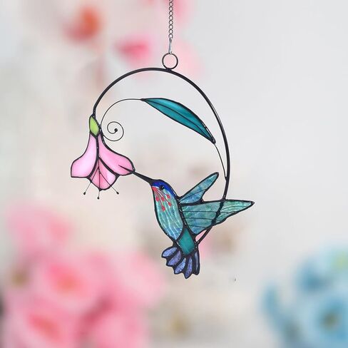 lolitarcrafts الزجاج الملون نافذة الطائر الطنان معلقة مع الزهور، الطيور الزجاج الملون suncatcher لتزيين النوافذ هدايا الطائر الطنان للأم، عشاق الطيور (الأزرق مع زهرة أ) in Kuwait