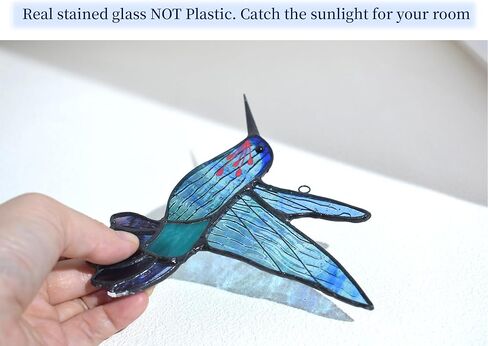 lolitarcrafts الزجاج الملون نافذة الطائر الطنان معلقة مع الزهور، الطيور الزجاج الملون suncatcher لتزيين النوافذ هدايا الطائر الطنان للأم، عشاق الطيور (الأزرق مع زهرة أ) in Kuwait