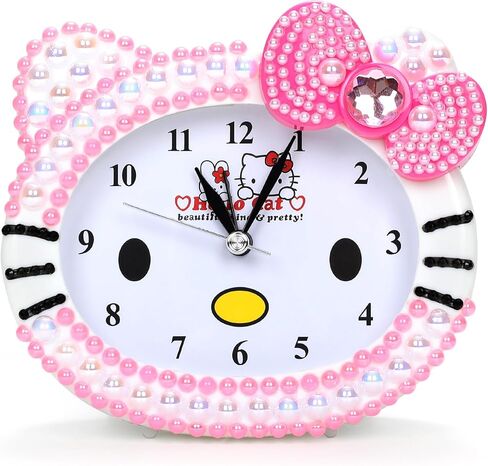 ساعة كارتون كيتي - ساعة منبه صغيرة من أحجار الراين اللامعة للفتيات والأطفال، أحجار كريمة، ساعة منبه DIY هدية عيد ميلاد لساعة الاتصال الصباحية لغرفة النوم، سطح المكتب، المنزل والمكتب، قطعة فنية تزيينية in Kuwait