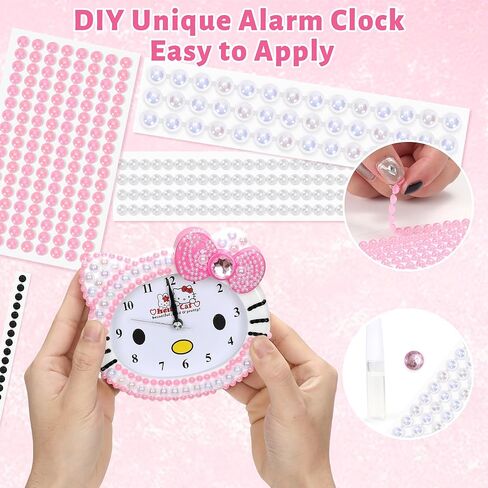 ساعة كارتون كيتي - ساعة منبه صغيرة من أحجار الراين اللامعة للفتيات والأطفال، أحجار كريمة، ساعة منبه DIY هدية عيد ميلاد لساعة الاتصال الصباحية لغرفة النوم، سطح المكتب، المنزل والمكتب، قطعة فنية تزيينية in Kuwait