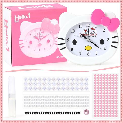ساعة كارتون كيتي - ساعة منبه صغيرة من أحجار الراين اللامعة للفتيات والأطفال، أحجار كريمة، ساعة منبه DIY هدية عيد ميلاد لساعة الاتصال الصباحية لغرفة النوم، سطح المكتب، المنزل والمكتب، قطعة فنية تزيينية in Kuwait