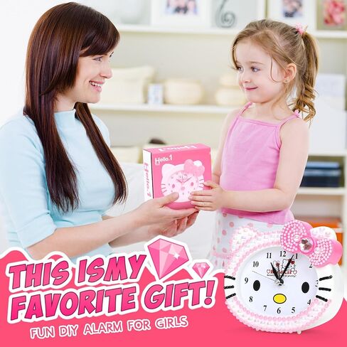 ساعة كارتون كيتي - ساعة منبه صغيرة من أحجار الراين اللامعة للفتيات والأطفال، أحجار كريمة، ساعة منبه DIY هدية عيد ميلاد لساعة الاتصال الصباحية لغرفة النوم، سطح المكتب، المنزل والمكتب، قطعة فنية تزيينية in Kuwait