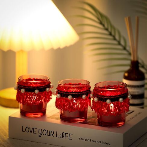 Tealight Glass Votive Candle Holders - 12 PCS Handmade Tea Light Holder Set, Ideal Candle Jars for Home Decor, Table Centerpieces, Wedding Decor and Dinner Party (Red, Granule) in Saudi Arabia
