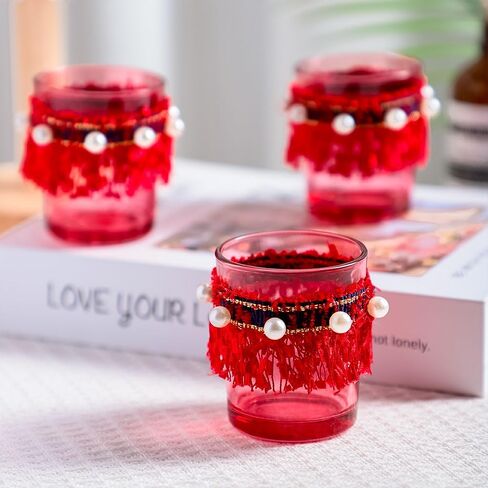 Tealight Glass Votive Candle Holders - 12 PCS Handmade Tea Light Holder Set, Ideal Candle Jars for Home Decor, Table Centerpieces, Wedding Decor and Dinner Party (Red, Granule) in Saudi Arabia