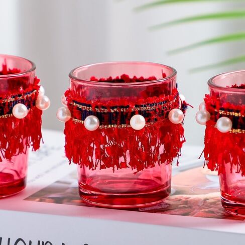 Tealight Glass Votive Candle Holders - 12 PCS Handmade Tea Light Holder Set, Ideal Candle Jars for Home Decor, Table Centerpieces, Wedding Decor and Dinner Party (Red, Granule) in Saudi Arabia