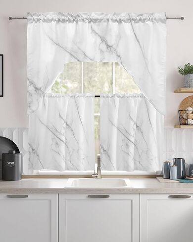 Tier and Swag Window Curtain Set,White Marble Gray Crack Rod Pocket Kitchen Curtains Swag Valance Tier,Modern Abstract Ink Agate Art Light Filtering Window Treatment for Cafe Bedroom Home Decor in Saudi Arabia