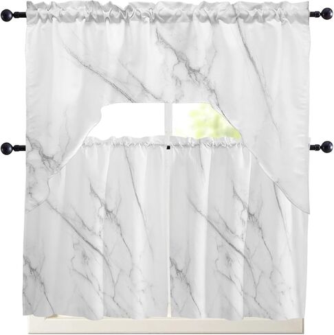 Tier and Swag Window Curtain Set,White Marble Gray Crack Rod Pocket Kitchen Curtains Swag Valance Tier,Modern Abstract Ink Agate Art Light Filtering Window Treatment for Cafe Bedroom Home Decor in Saudi Arabia