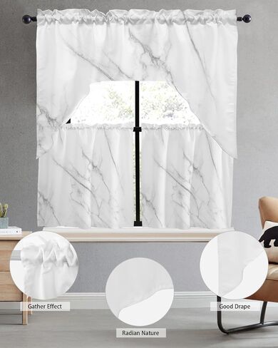 Tier and Swag Window Curtain Set,White Marble Gray Crack Rod Pocket Kitchen Curtains Swag Valance Tier,Modern Abstract Ink Agate Art Light Filtering Window Treatment for Cafe Bedroom Home Decor in Saudi Arabia