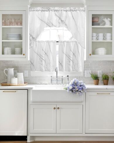 Tier and Swag Window Curtain Set,White Marble Gray Crack Rod Pocket Kitchen Curtains Swag Valance Tier,Modern Abstract Ink Agate Art Light Filtering Window Treatment for Cafe Bedroom Home Decor in Saudi Arabia