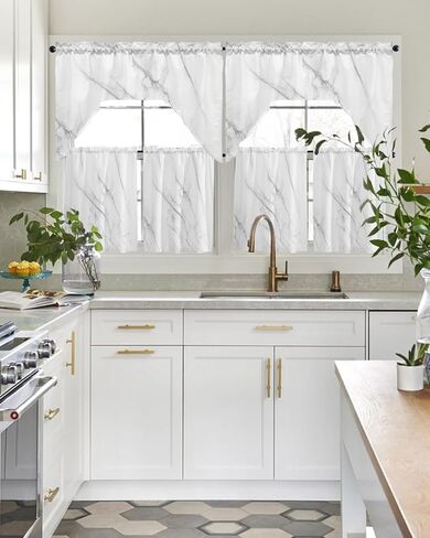 Tier and Swag Window Curtain Set,White Marble Gray Crack Rod Pocket Kitchen Curtains Swag Valance Tier,Modern Abstract Ink Agate Art Light Filtering Window Treatment for Cafe Bedroom Home Decor in Saudi Arabia