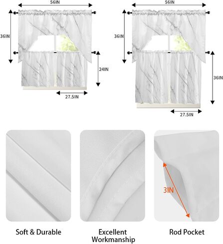 Tier and Swag Window Curtain Set,White Marble Gray Crack Rod Pocket Kitchen Curtains Swag Valance Tier,Modern Abstract Ink Agate Art Light Filtering Window Treatment for Cafe Bedroom Home Decor in Saudi Arabia