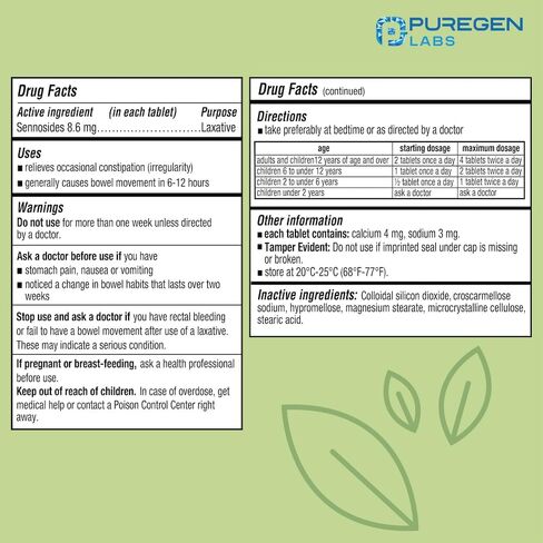 Puregen Labs Senna 8.6 mg Tablets (120 Count) – Natural Sennosides Vegetable Laxative for Constipation, Bloating, Gas, Irregularity Relief in Saudi Arabia