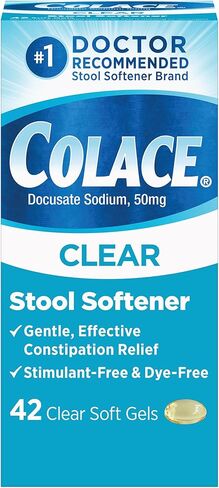 Colace Clear Stool Softener Soft Gel Capsules Constipation Relief 50mg Docusate Sodium Doctor Recommended 42ct in Kuwait