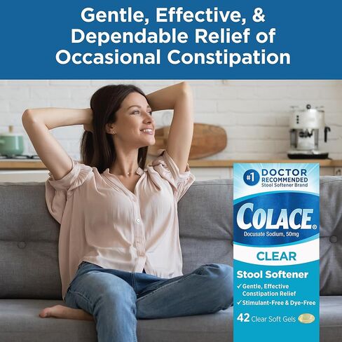 Colace Clear Stool Softener Soft Gel Capsules Constipation Relief 50mg Docusate Sodium Doctor Recommended 42ct in Kuwait