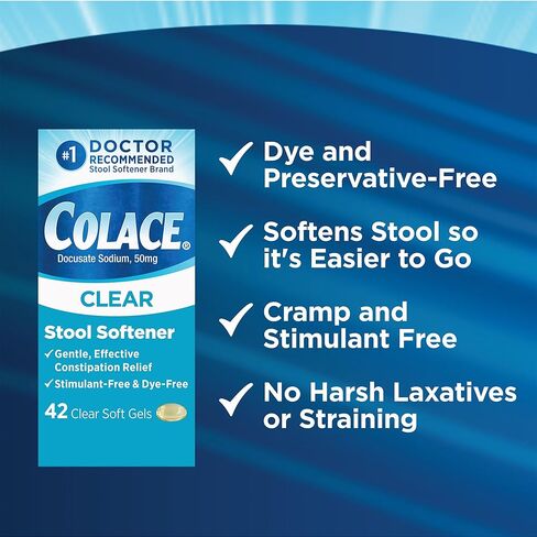 Colace Clear Stool Softener Soft Gel Capsules Constipation Relief 50mg Docusate Sodium Doctor Recommended 42ct in Kuwait