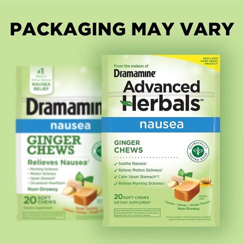 Dramamine Ginger Chews, Nausea Relief Soft Chews Lemon-Honey-Ginger, 6 Count, 12 Pack in Saudi Arabia
