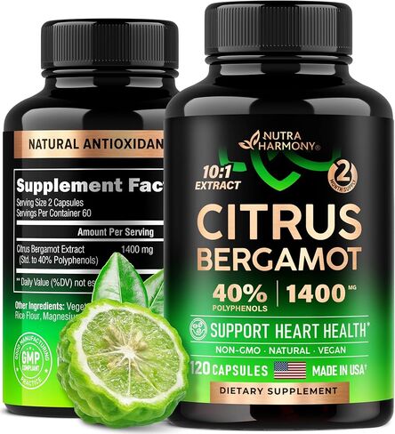 مكملات الحمضيات والبرغموت - مكملات طبيعية لدعم صحة القلب ومضادات الأكسدة* - 40% بوليفينول | مستخلص 10:1 - صنع في الولايات المتحدة الأمريكية - للرجال والنساء - غير معدل وراثيًا، نباتي - 120 كبسولة، كمية تكفي لمدة شهرين in Kuwait