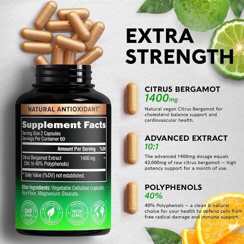 مكملات الحمضيات والبرغموت - مكملات طبيعية لدعم صحة القلب ومضادات الأكسدة* - 40% بوليفينول | مستخلص 10:1 - صنع في الولايات المتحدة الأمريكية - للرجال والنساء - غير معدل وراثيًا، نباتي - 120 كبسولة، كمية تكفي لمدة شهرين in Kuwait