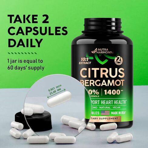 مكملات الحمضيات والبرغموت - مكملات طبيعية لدعم صحة القلب ومضادات الأكسدة* - 40% بوليفينول | مستخلص 10:1 - صنع في الولايات المتحدة الأمريكية - للرجال والنساء - غير معدل وراثيًا، نباتي - 120 كبسولة، كمية تكفي لمدة شهرين in Kuwait