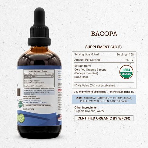 Secrets of the Tribe Bacopa USDA Organic | Alcohol-Free Extract, High-Potency Herbal Drops | Made from 100% Certified Organic Bacopa (Bacopa Monnieri) Dried Herb (4 oz) in Saudi Arabia