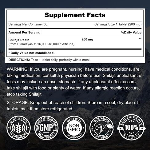 Shilajit Pure Himalayan Organic Dry Drops Shilajit Resin Supplement (60 Tablets - 200mg Each), Shilajit for Men Women with 85+ Trace Minerals & Fulvic Acid for Energy, Immunity, Brain Support in Saudi Arabia